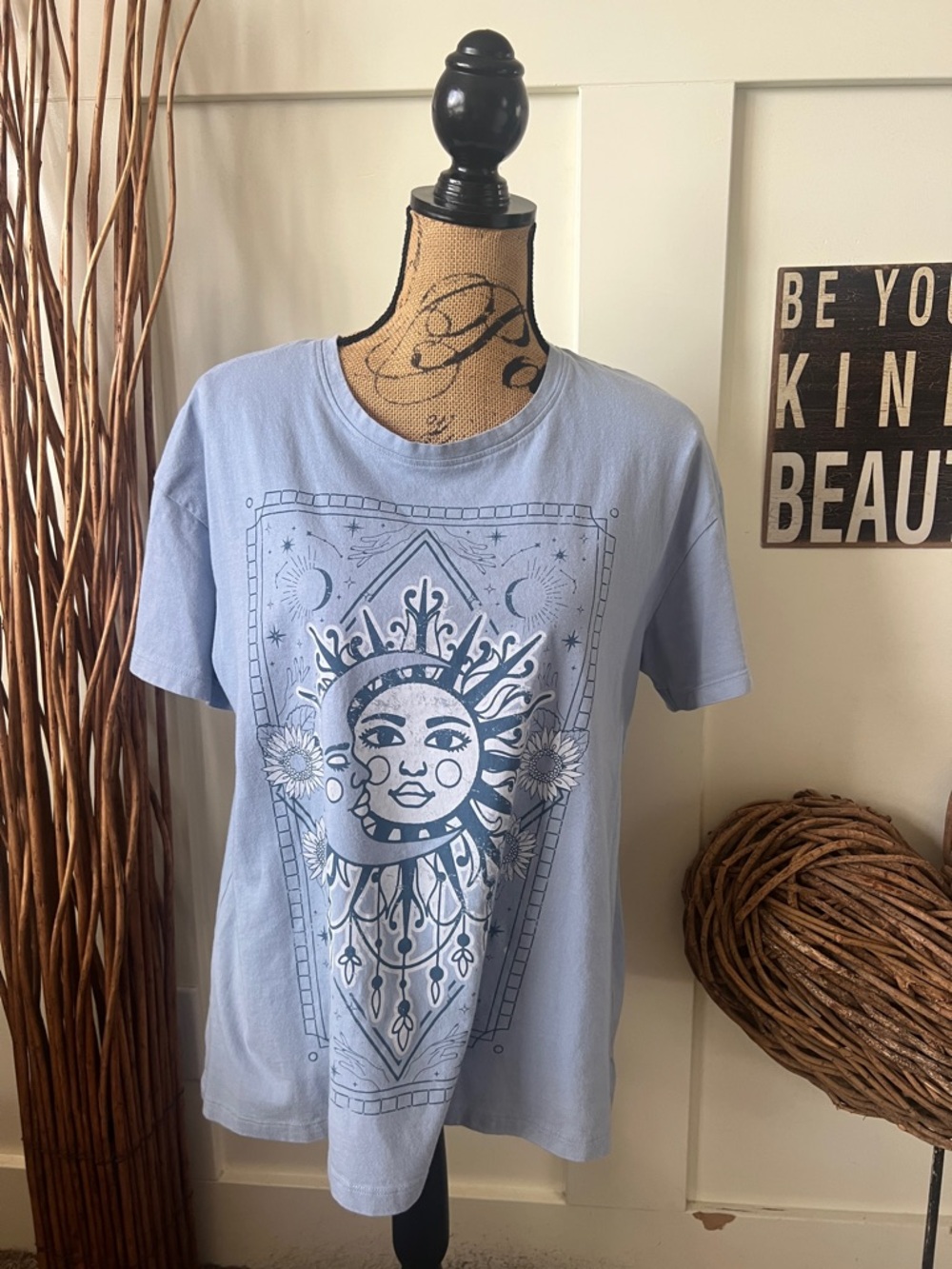 Light Blue Short Sleeve Graphic Tee with Sun & Moon Motif